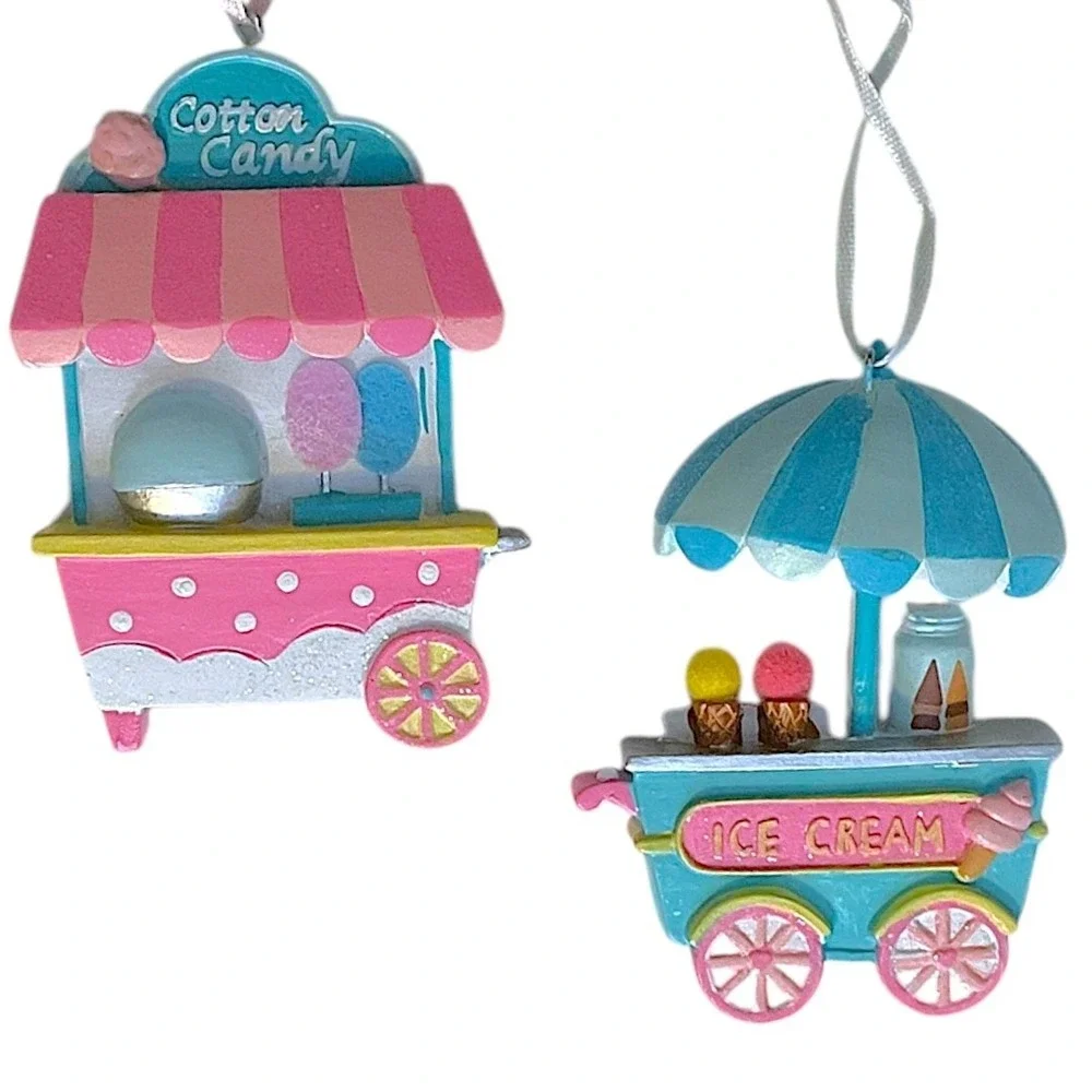 Cotton‎ Candy & Ice Cream Carts  Christmas Tree Ornaments Striped Roof Blue Pink